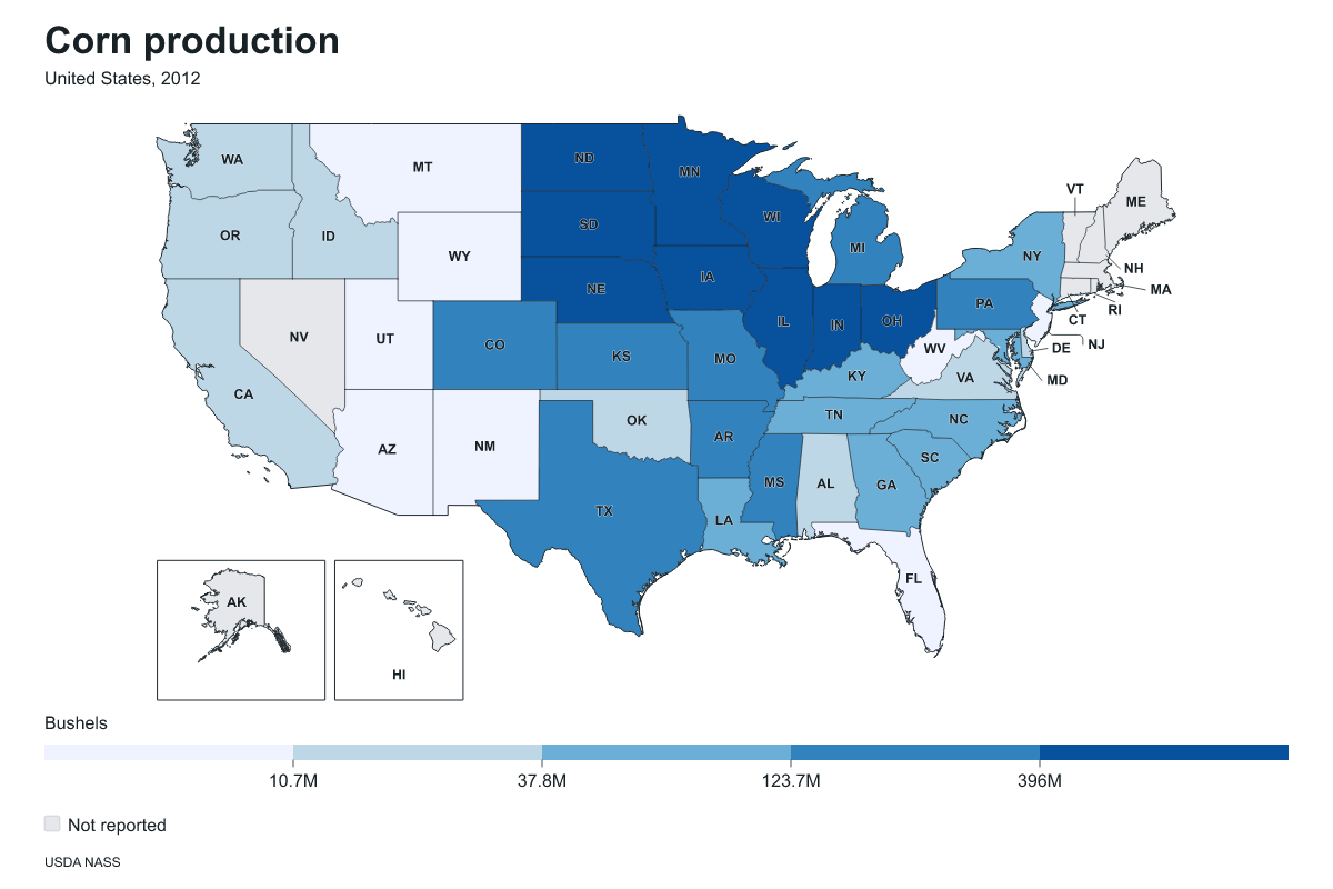 Corn production by state in United States, 2012. Measured in bushels of corn. Source: USDA National Agricultural Statistics Service (NASS).