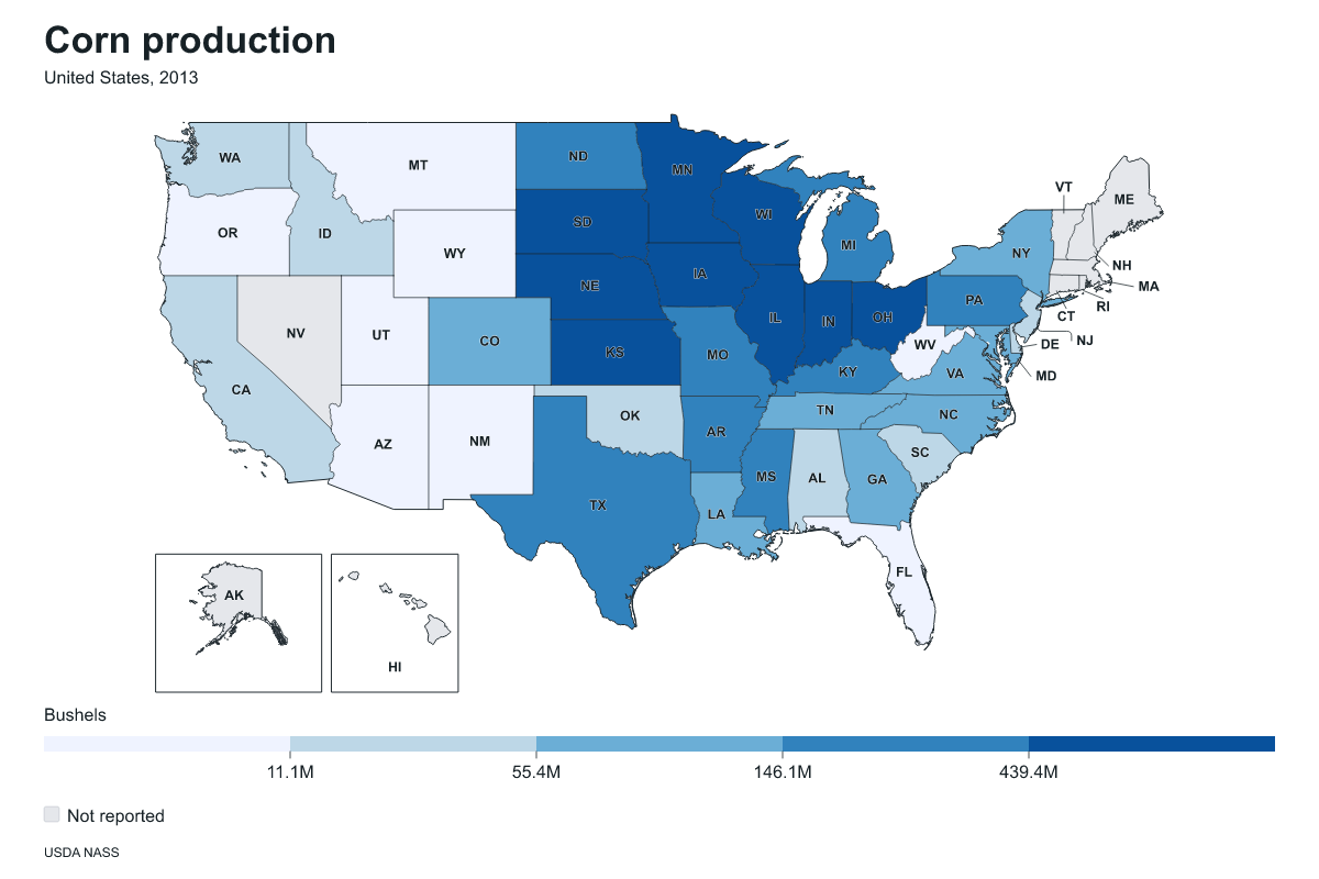 Corn production by state in United States, 2013. Measured in bushels of corn. Source: USDA National Agricultural Statistics Service (NASS).