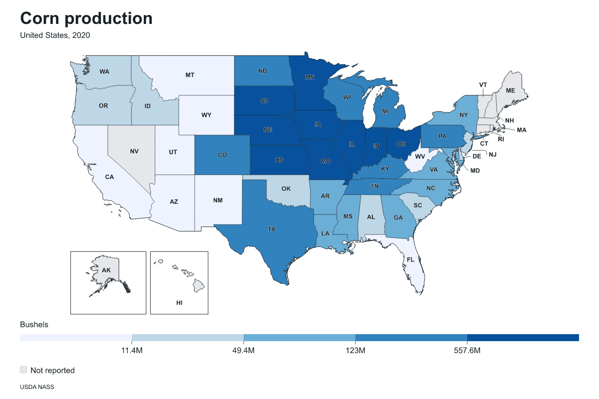 Corn production by state in United States, 2020. Measured in bushels of corn. Source: USDA National Agricultural Statistics Service (NASS).