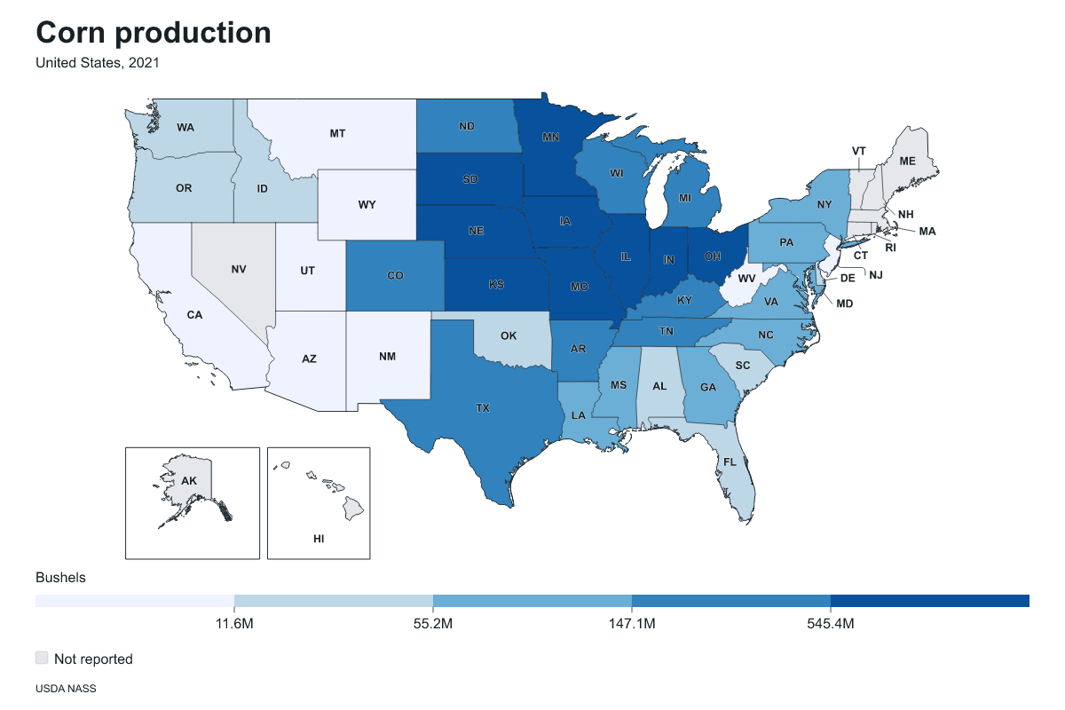 Corn production by state in United States, 2021. Measured in bushels of corn. Source: USDA National Agricultural Statistics Service (NASS).