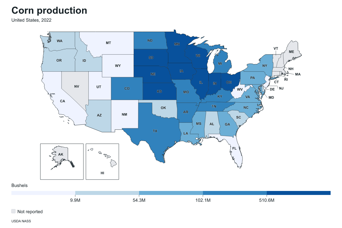 Corn production by state in United States, 2022. Measured in bushels of corn. Source: USDA National Agricultural Statistics Service (NASS).