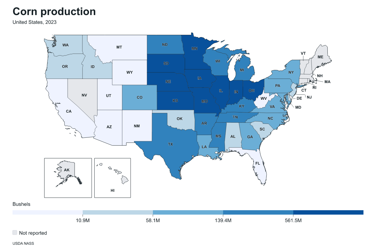 Corn production by state in United States, 2023. Measured in bushels of corn. Source: USDA National Agricultural Statistics Service (NASS).
