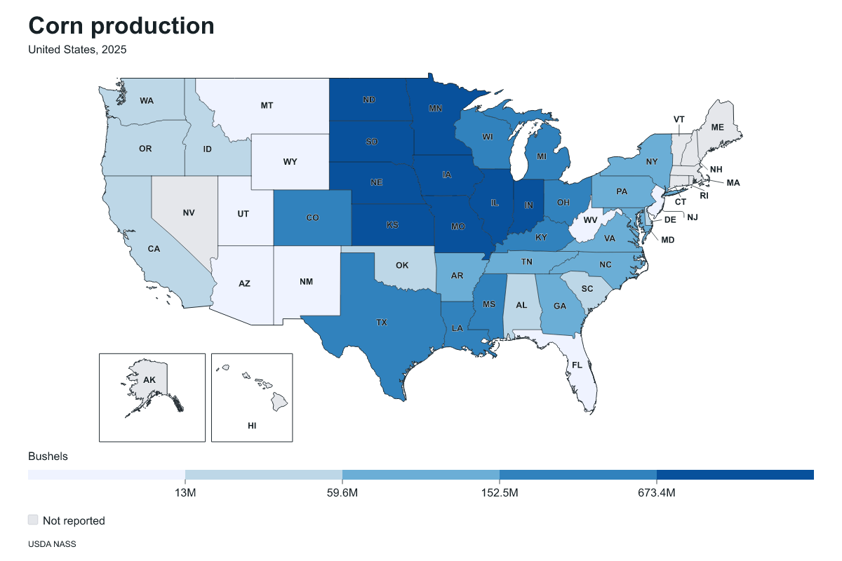 Corn production by state in United States, 2025. Measured in bushels of corn. Source: USDA National Agricultural Statistics Service (NASS).