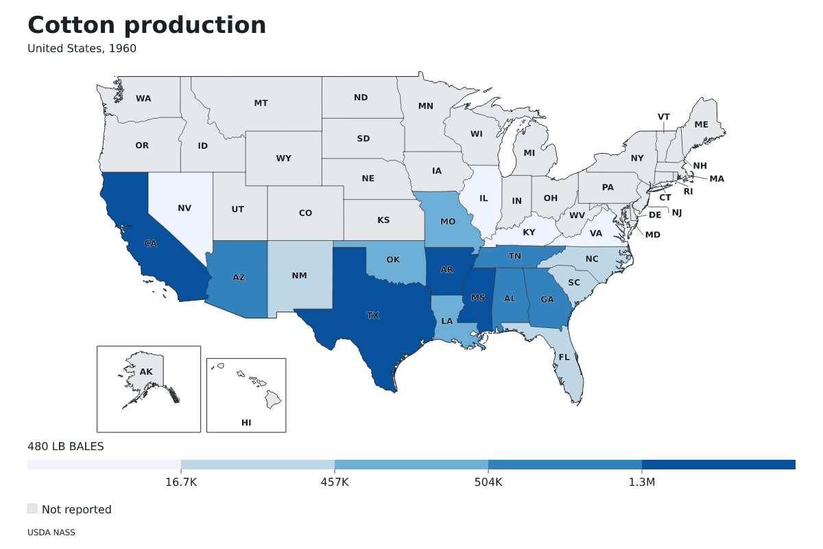 Producción de algodón por estado en Estados Unidos, 1960. Unidad: pacas (480 libras). Fuente: USDA National Agricultural Statistics Service (NASS).