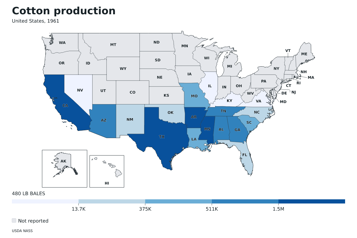 Producción de algodón por estado en Estados Unidos, 1961. Unidad: pacas (480 libras). Fuente: USDA National Agricultural Statistics Service (NASS).