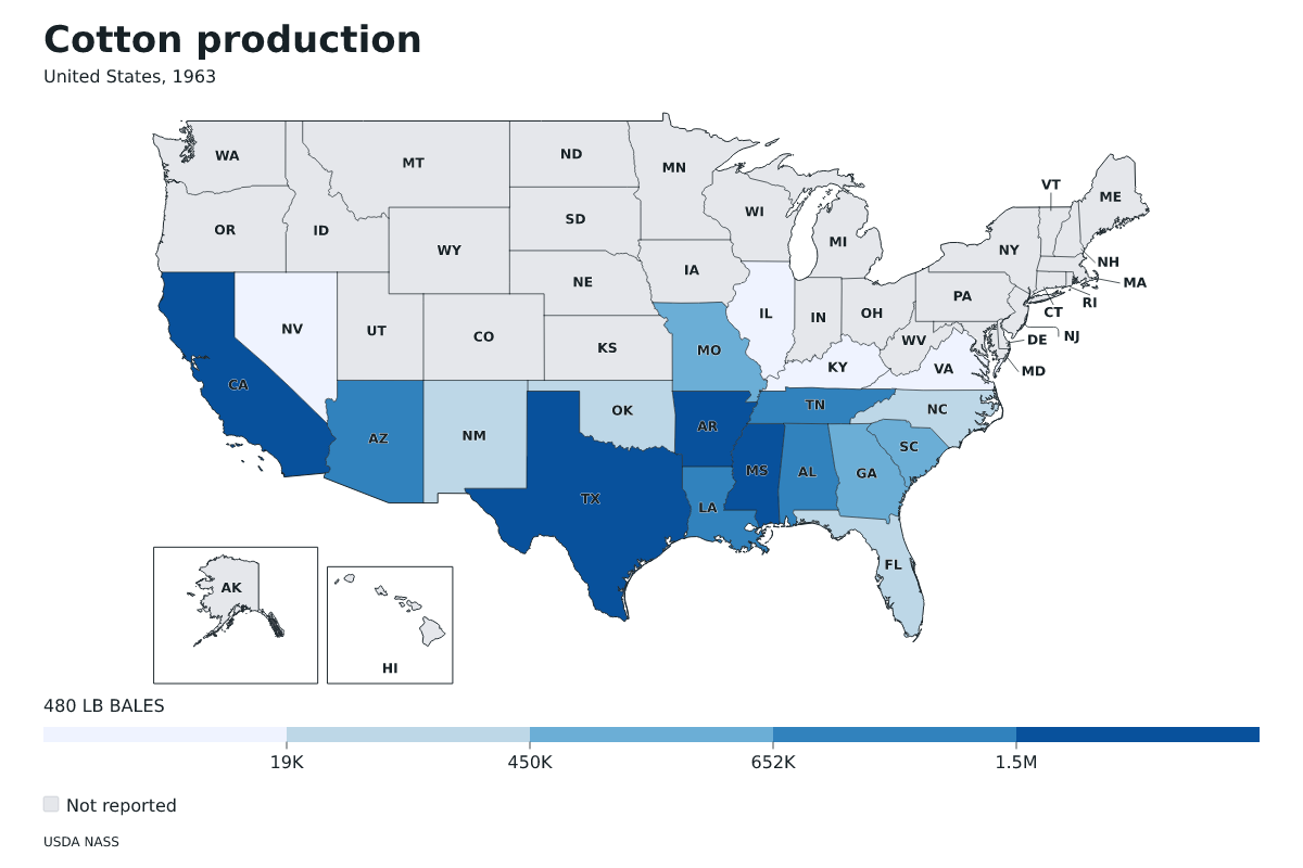 Producción de algodón por estado en Estados Unidos, 1963. Unidad: pacas (480 libras). Fuente: USDA National Agricultural Statistics Service (NASS).