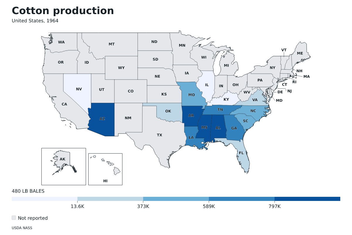 Producción de algodón por estado en Estados Unidos, 1964. Unidad: pacas (480 libras). Fuente: USDA National Agricultural Statistics Service (NASS).