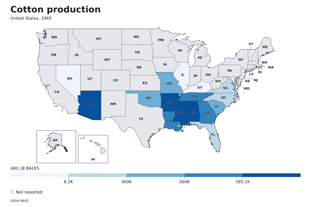 Producción de algodón por estado en Estados Unidos, 1965. Unidad: pacas (480 libras). Fuente: USDA National Agricultural Statistics Service (NASS).