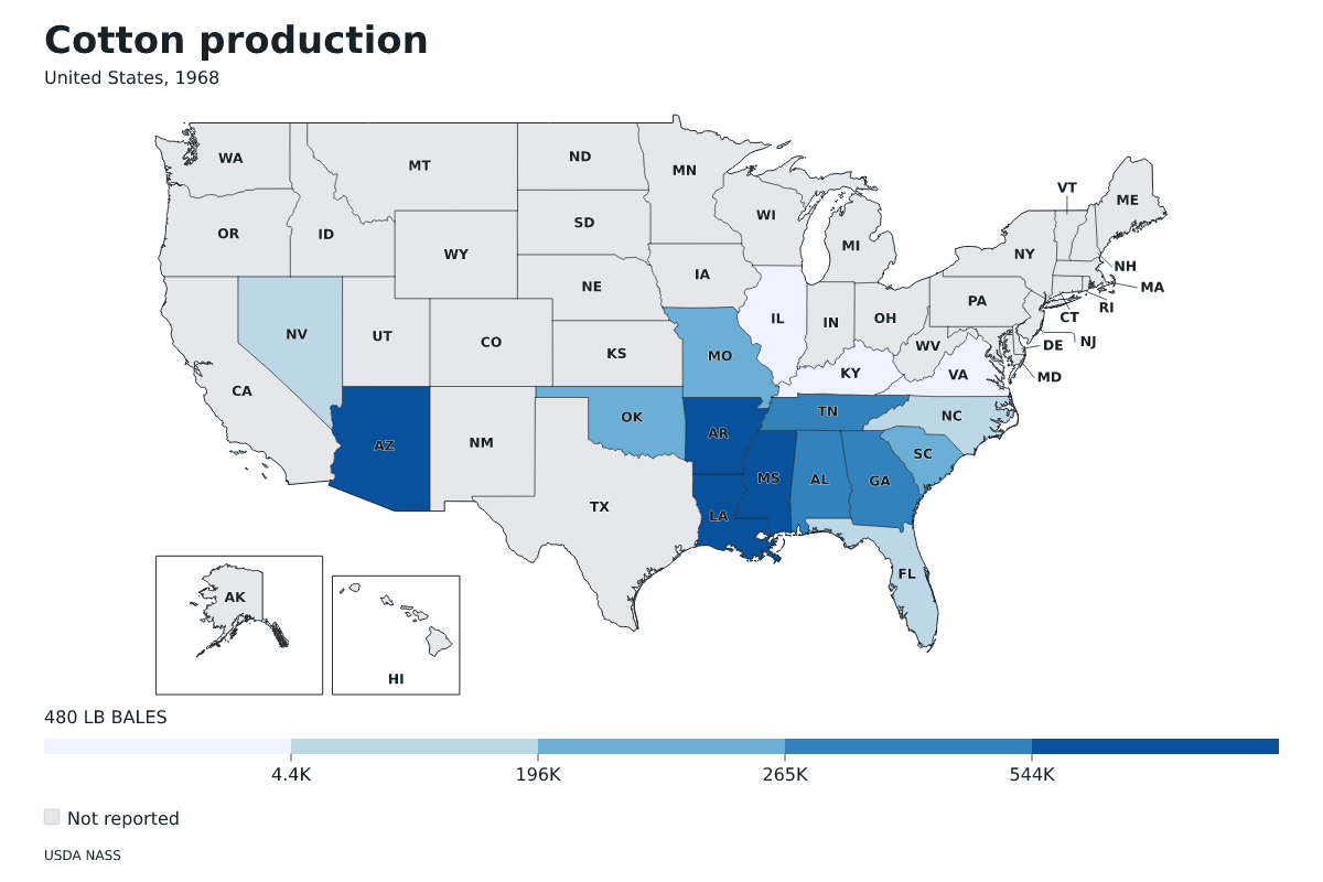 Producción de algodón por estado en Estados Unidos, 1968. Unidad: pacas (480 libras). Fuente: USDA National Agricultural Statistics Service (NASS).