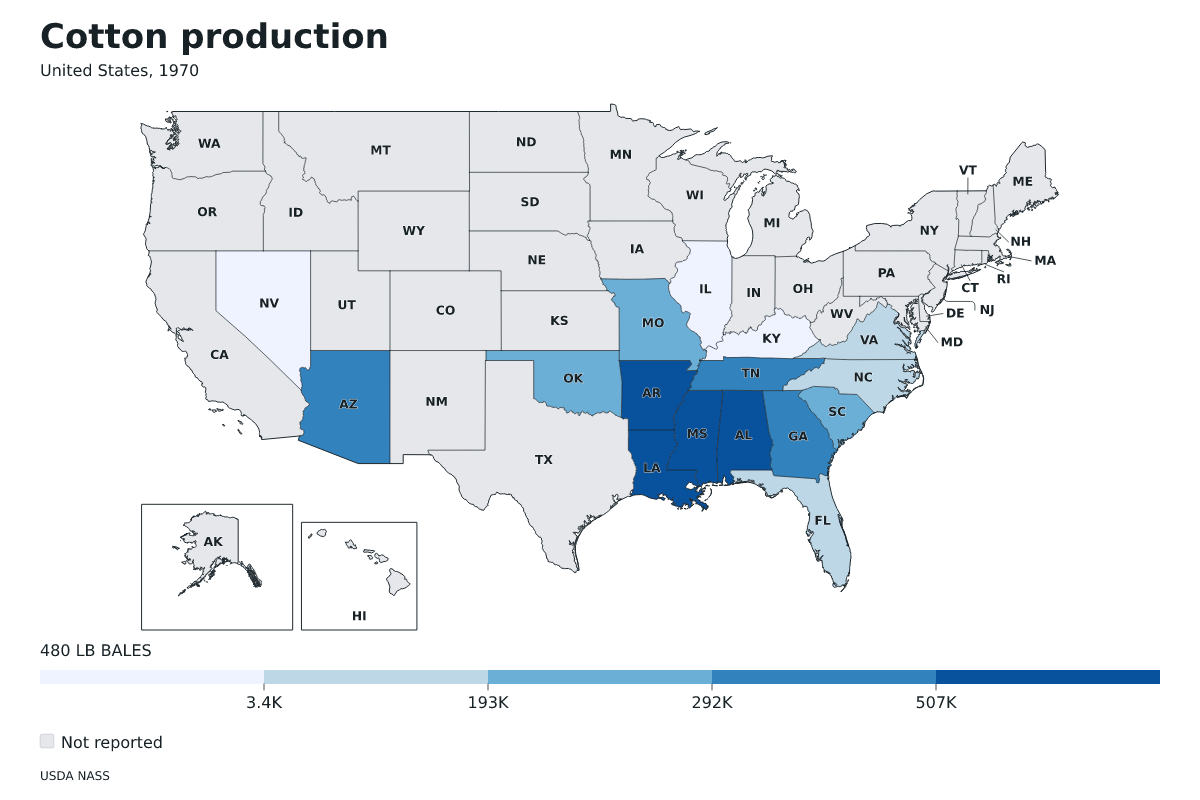 Producción de algodón por estado en Estados Unidos, 1970. Unidad: pacas (480 libras). Fuente: USDA National Agricultural Statistics Service (NASS).