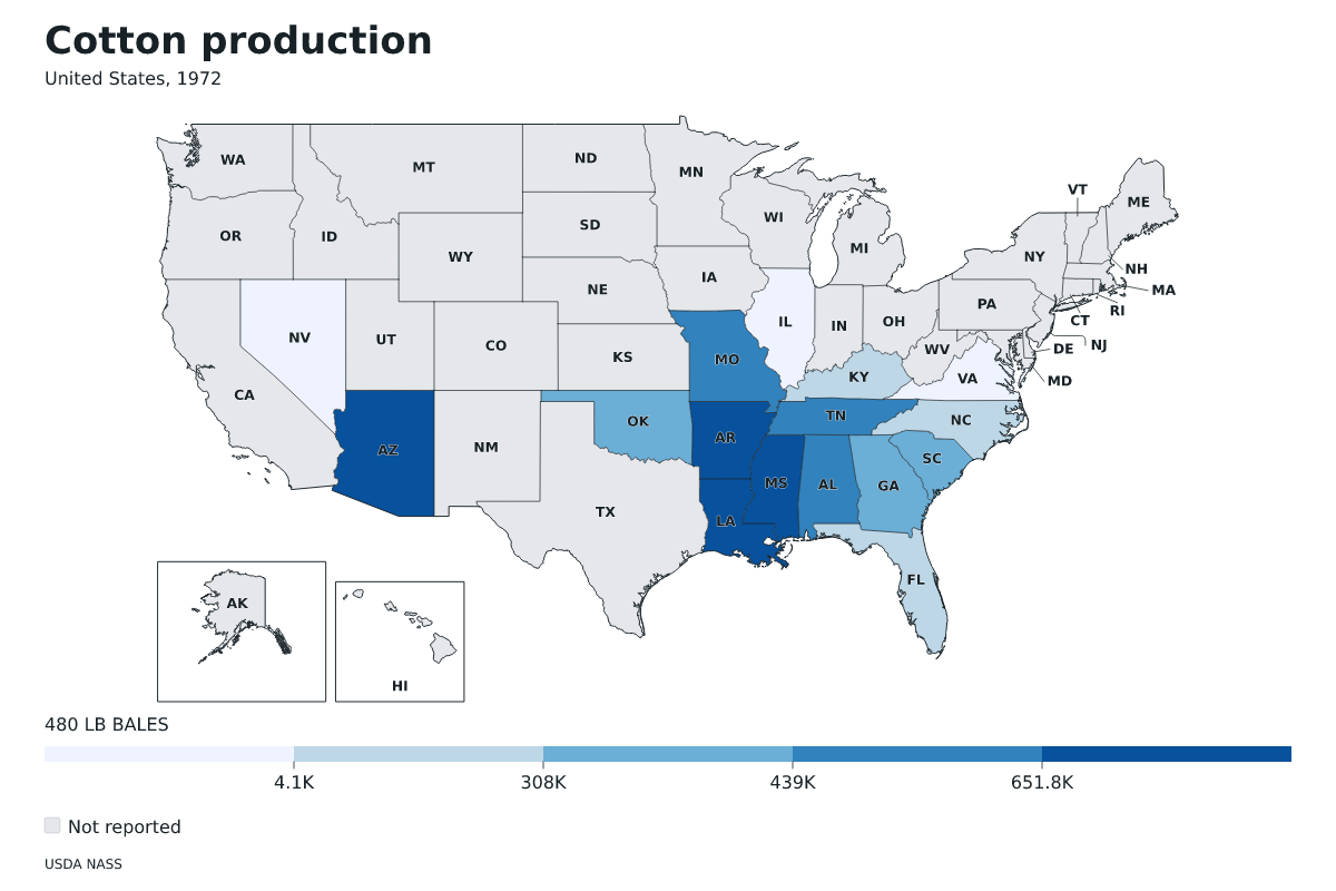 Producción de algodón por estado en Estados Unidos, 1972. Unidad: pacas (480 libras). Fuente: USDA National Agricultural Statistics Service (NASS).