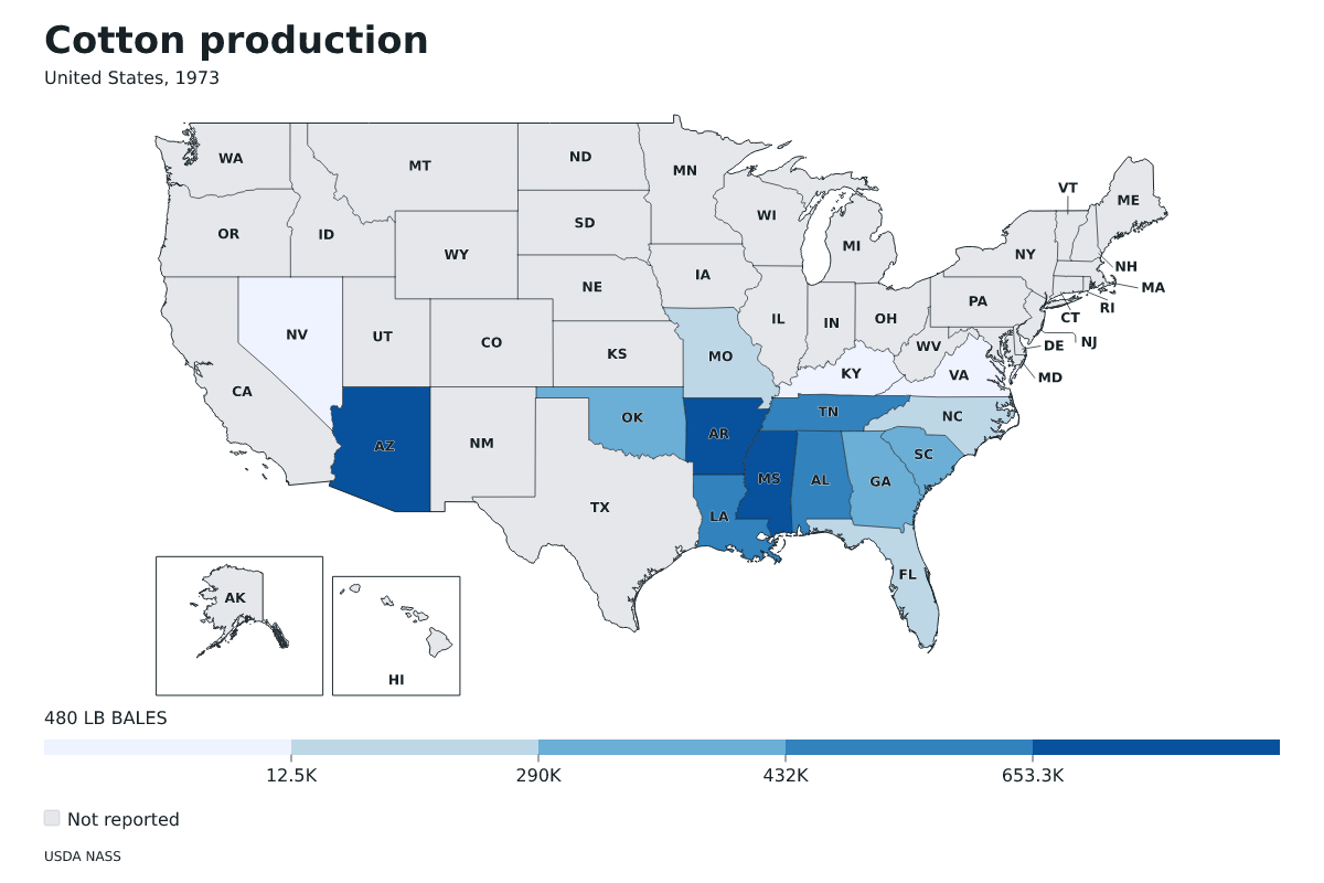 Producción de algodón por estado en Estados Unidos, 1973. Unidad: pacas (480 libras). Fuente: USDA National Agricultural Statistics Service (NASS).