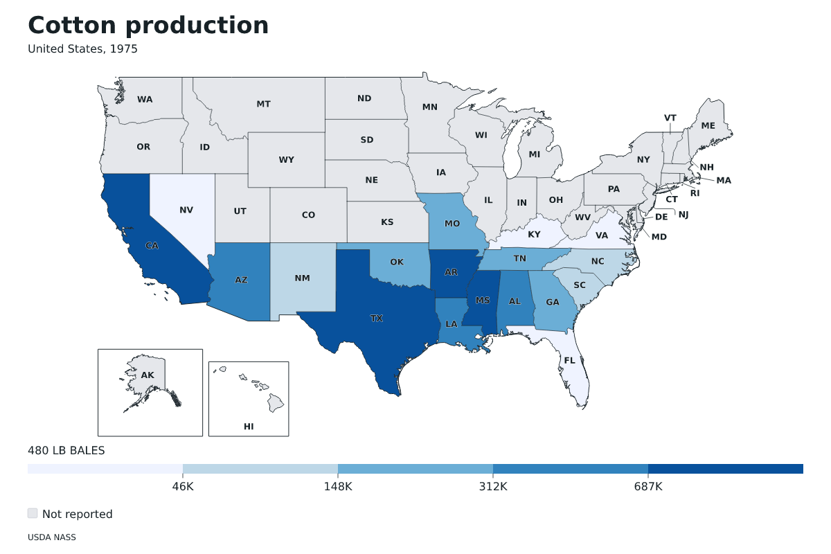 Producción de algodón por estado en Estados Unidos, 1975. Unidad: pacas (480 libras). Fuente: USDA National Agricultural Statistics Service (NASS).