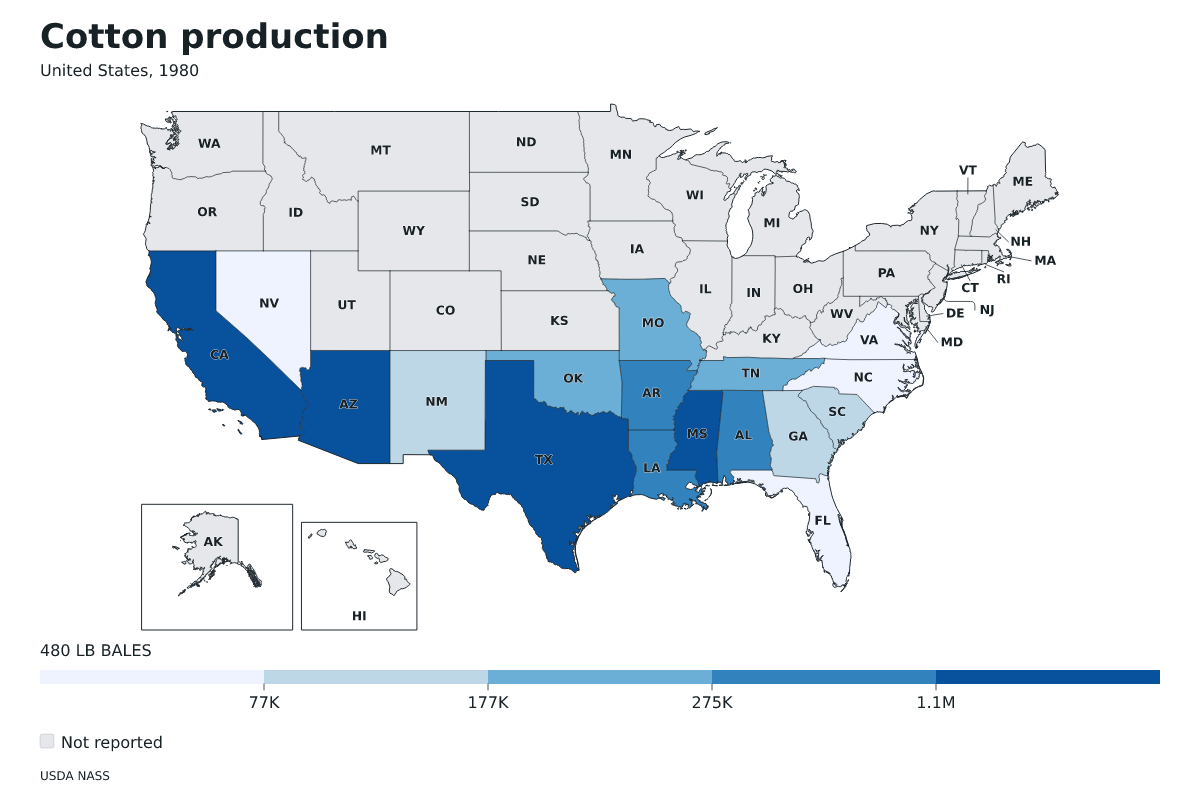 Producción de algodón por estado en Estados Unidos, 1980. Unidad: pacas (480 libras). Fuente: USDA National Agricultural Statistics Service (NASS).