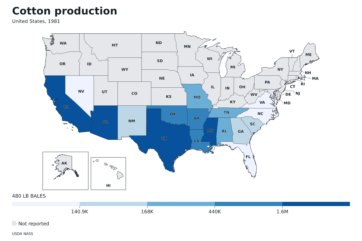 Producción de algodón por estado en Estados Unidos, 1981. Unidad: pacas (480 libras). Fuente: USDA National Agricultural Statistics Service (NASS).