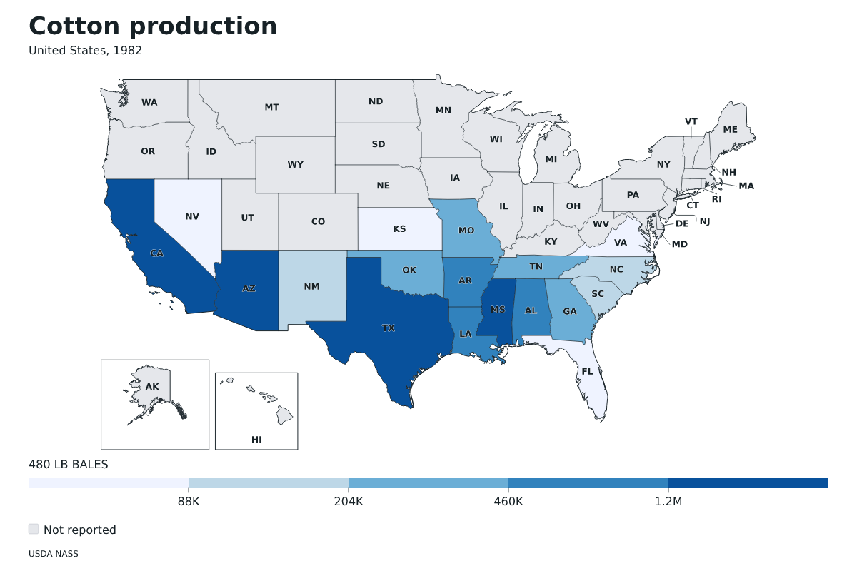Producción de algodón por estado en Estados Unidos, 1982. Unidad: pacas (480 libras). Fuente: USDA National Agricultural Statistics Service (NASS).