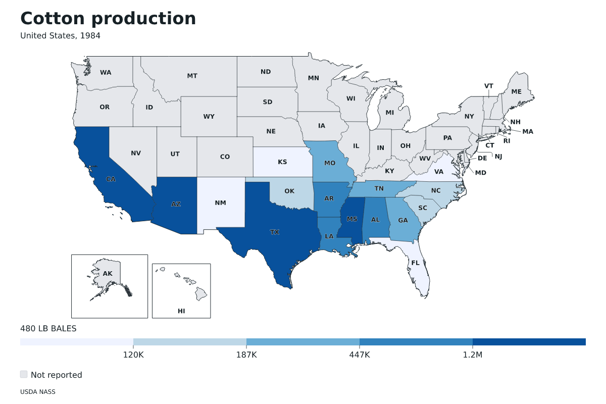 Producción de algodón por estado en Estados Unidos, 1984. Unidad: pacas (480 libras). Fuente: USDA National Agricultural Statistics Service (NASS).