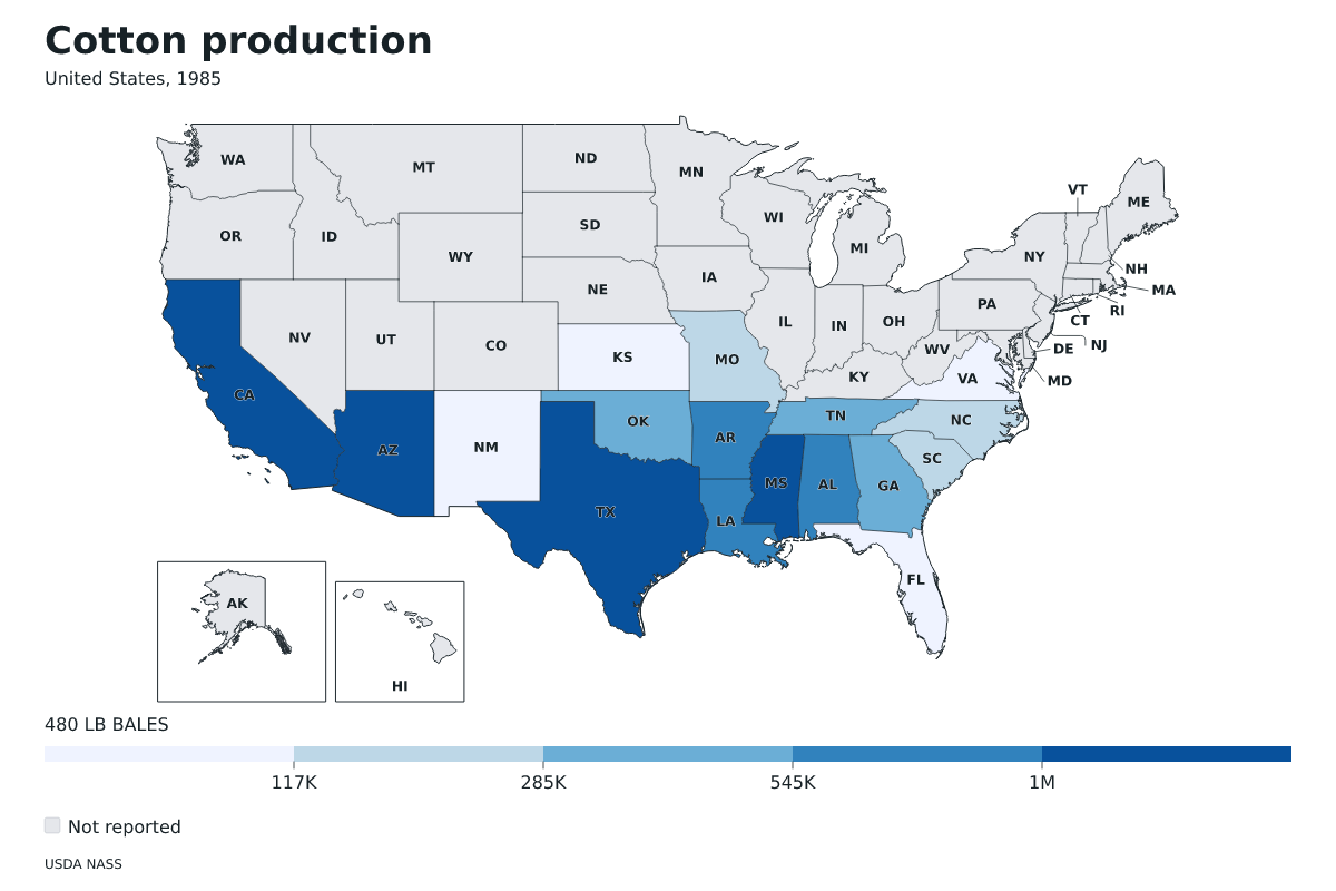 Producción de algodón por estado en Estados Unidos, 1985. Unidad: pacas (480 libras). Fuente: USDA National Agricultural Statistics Service (NASS).