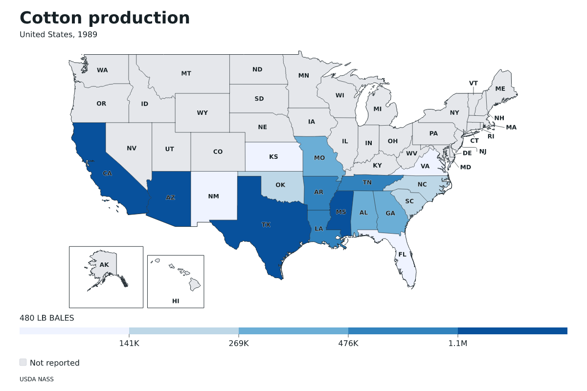 Producción de algodón por estado en Estados Unidos, 1989. Unidad: pacas (480 libras). Fuente: USDA National Agricultural Statistics Service (NASS).