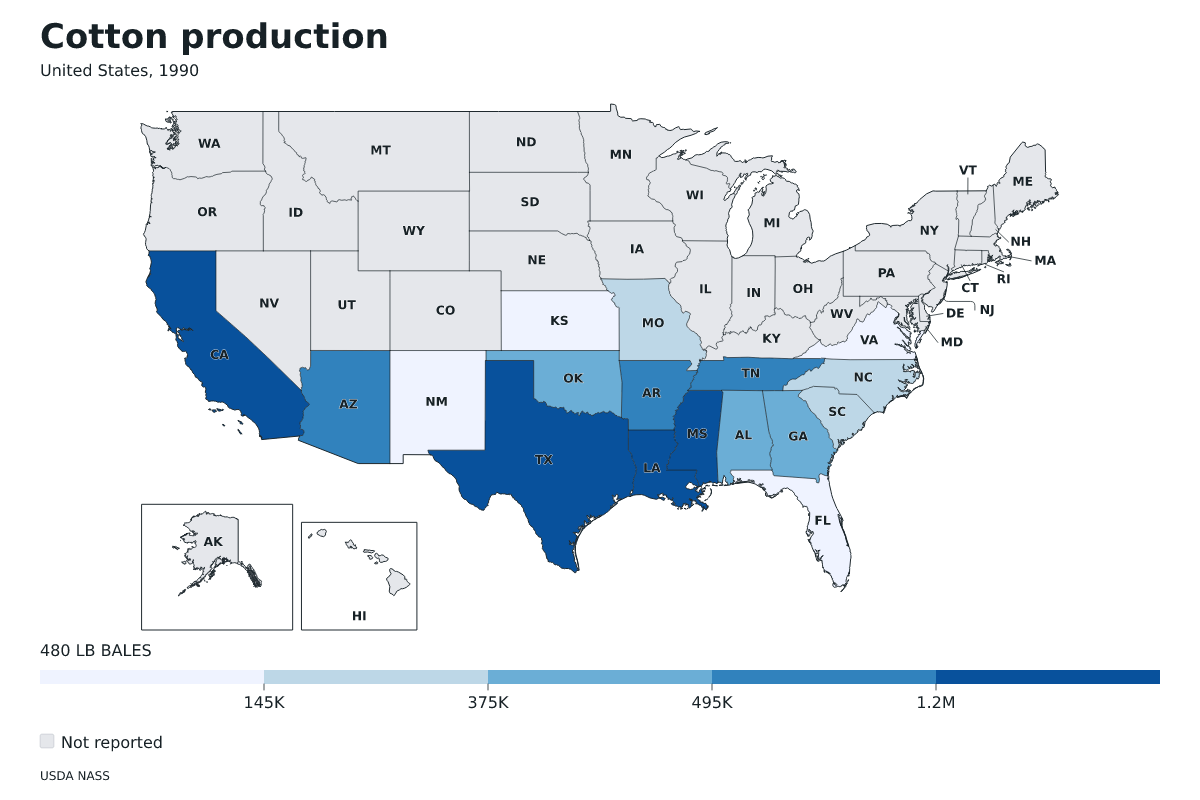 Producción de algodón por estado en Estados Unidos, 1990. Unidad: pacas (480 libras). Fuente: USDA National Agricultural Statistics Service (NASS).