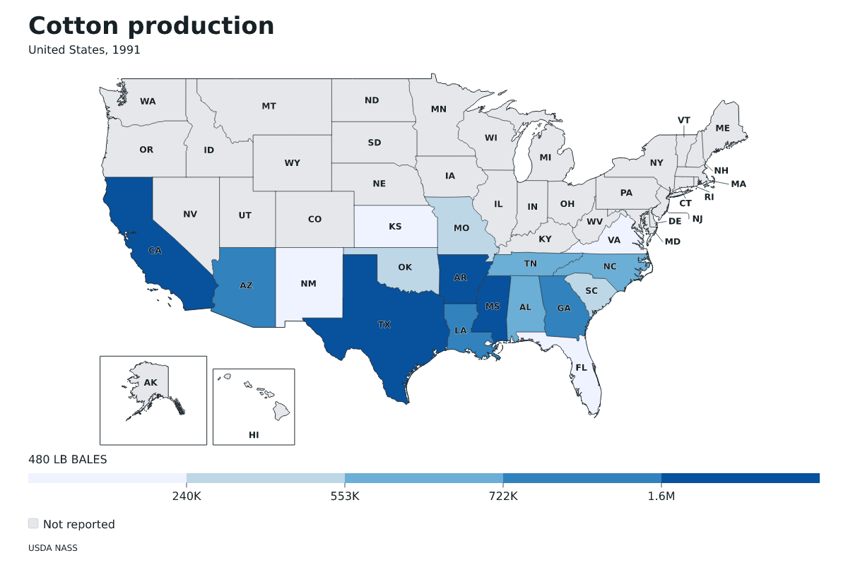 Producción de algodón por estado en Estados Unidos, 1991. Unidad: pacas (480 libras). Fuente: USDA National Agricultural Statistics Service (NASS).
