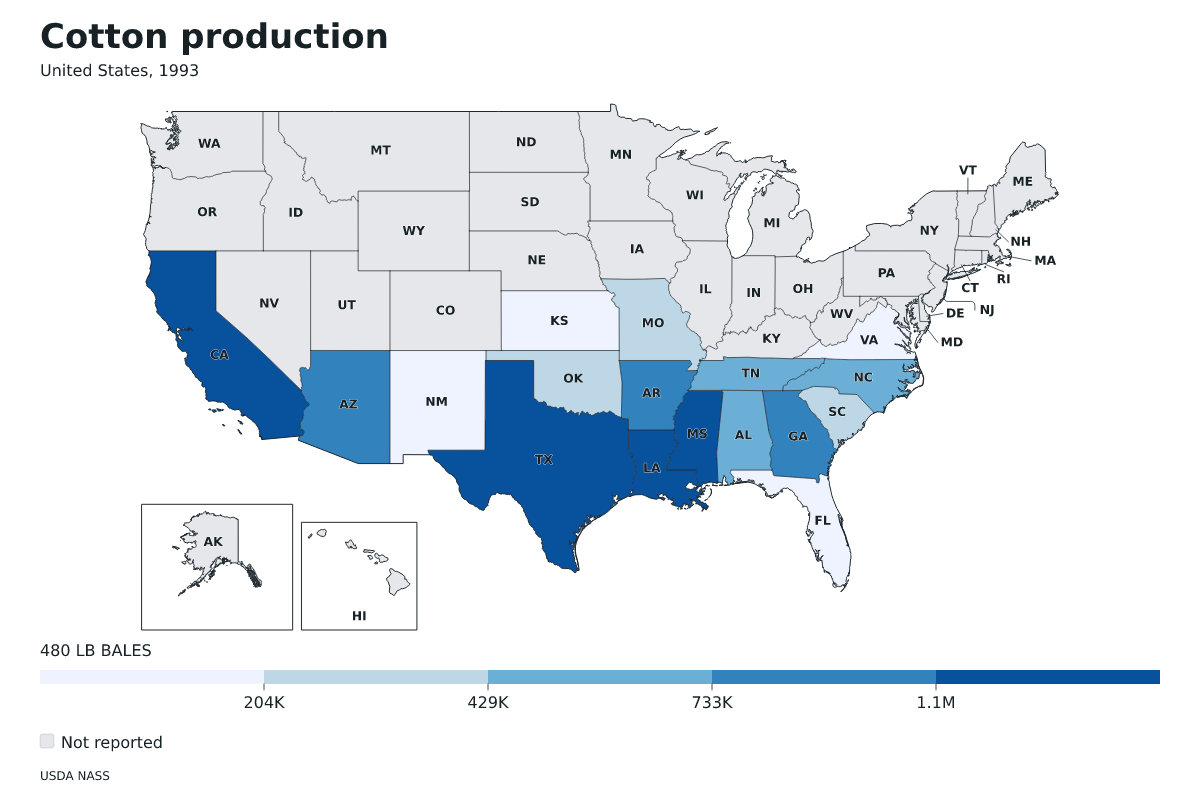 Producción de algodón por estado en Estados Unidos, 1993. Unidad: pacas (480 libras). Fuente: USDA National Agricultural Statistics Service (NASS).
