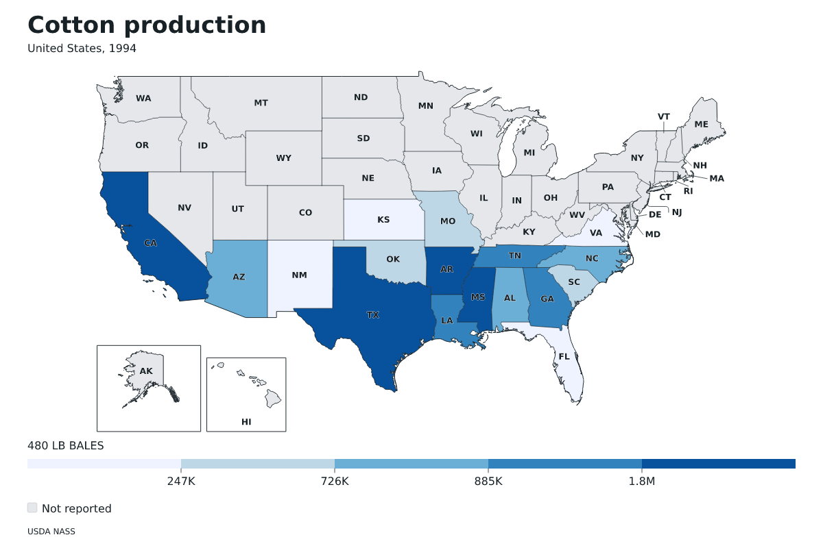 Producción de algodón por estado en Estados Unidos, 1994. Unidad: pacas (480 libras). Fuente: USDA National Agricultural Statistics Service (NASS).