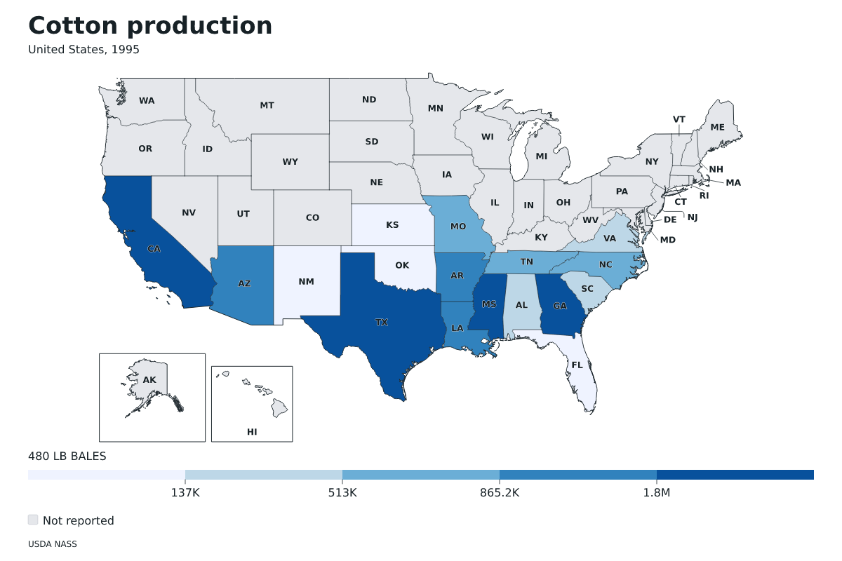 Producción de algodón por estado en Estados Unidos, 1995. Unidad: pacas (480 libras). Fuente: USDA National Agricultural Statistics Service (NASS).
