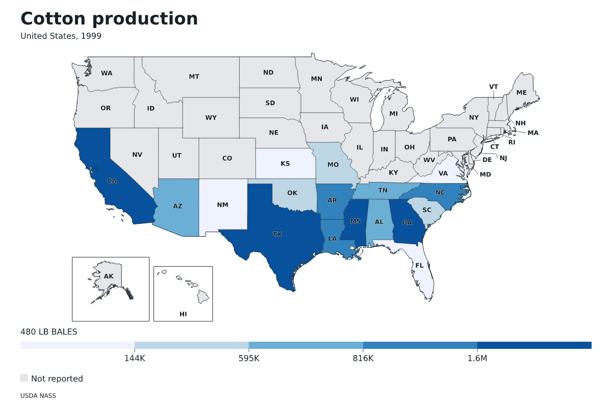 Producción de algodón por estado en Estados Unidos, 1999. Unidad: pacas (480 libras). Fuente: USDA National Agricultural Statistics Service (NASS).