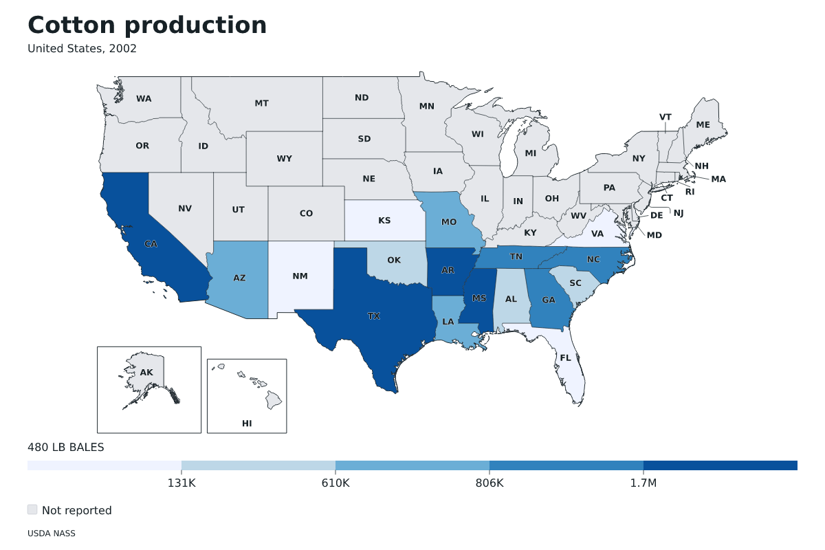Producción de algodón por estado en Estados Unidos, 2002. Unidad: pacas (480 libras). Fuente: USDA National Agricultural Statistics Service (NASS).