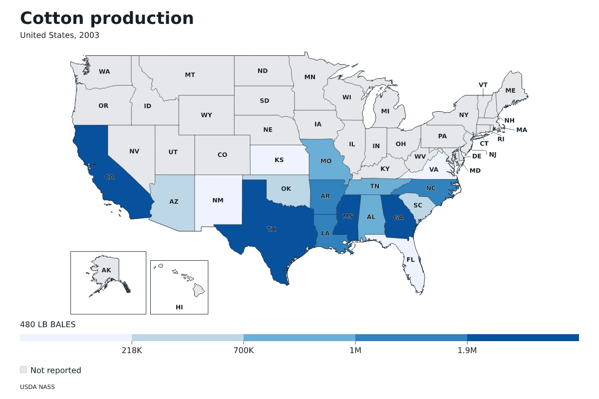 Producción de algodón por estado en Estados Unidos, 2003. Unidad: pacas (480 libras). Fuente: USDA National Agricultural Statistics Service (NASS).