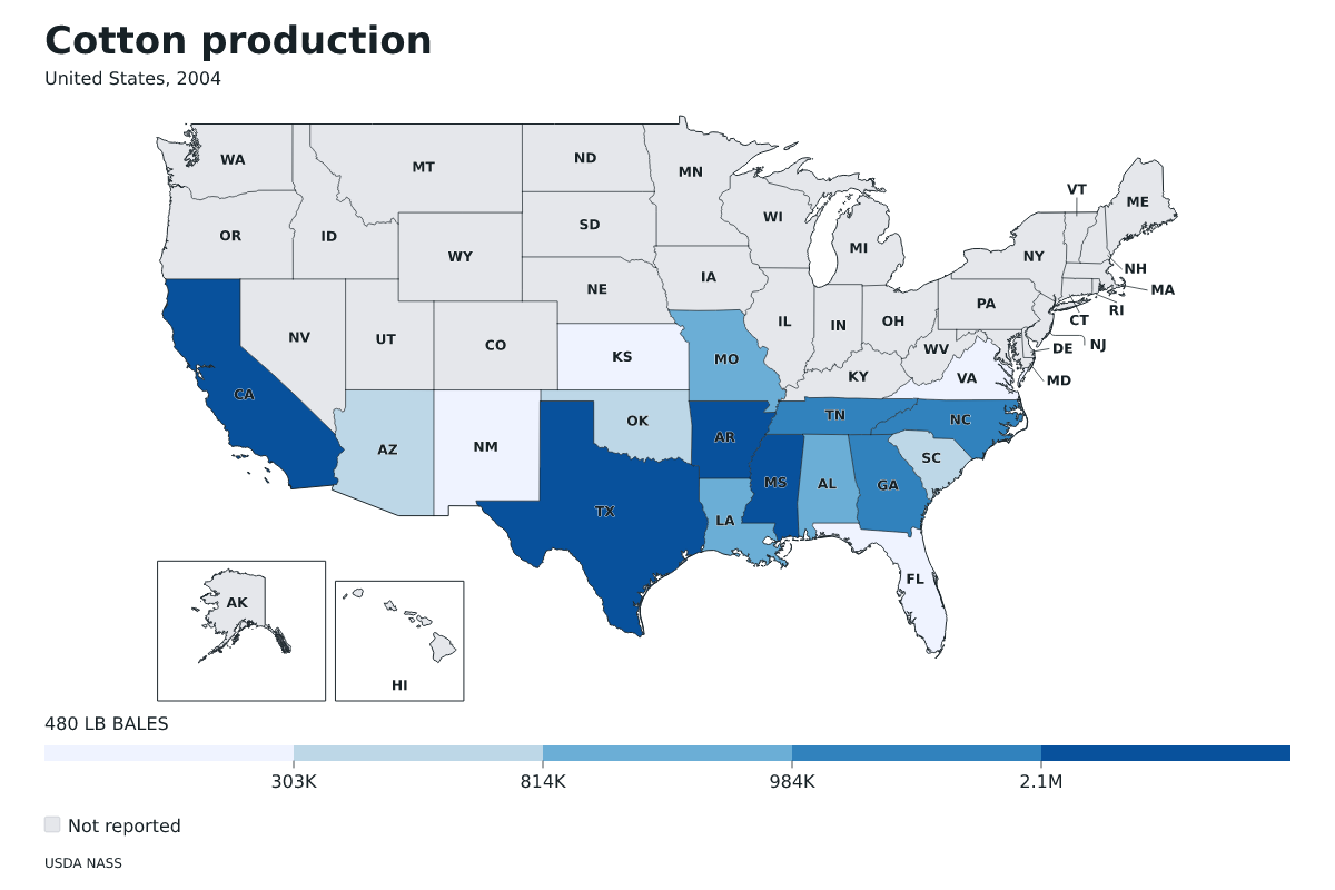 Producción de algodón por estado en Estados Unidos, 2004. Unidad: pacas (480 libras). Fuente: USDA National Agricultural Statistics Service (NASS).