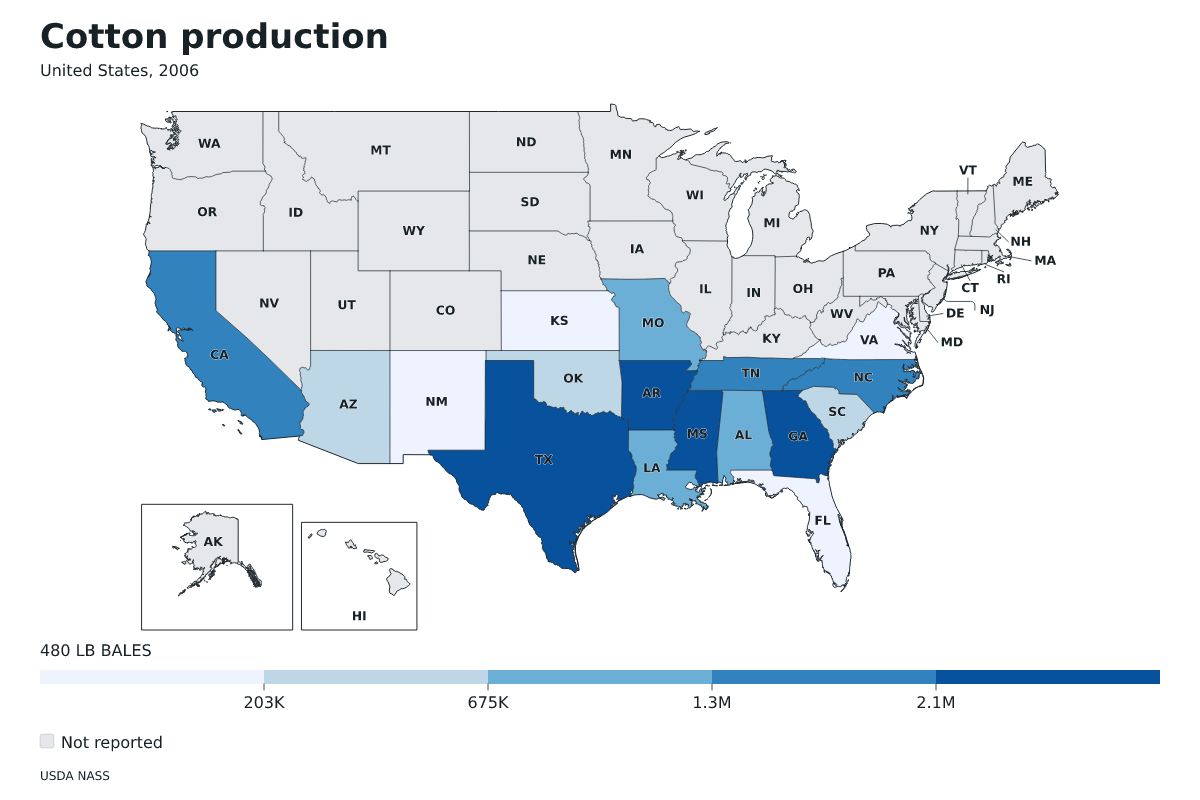 Producción de algodón por estado en Estados Unidos, 2006. Unidad: pacas (480 libras). Fuente: USDA National Agricultural Statistics Service (NASS).
