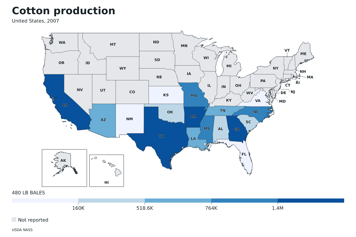 Producción de algodón por estado en Estados Unidos, 2007. Unidad: pacas (480 libras). Fuente: USDA National Agricultural Statistics Service (NASS).