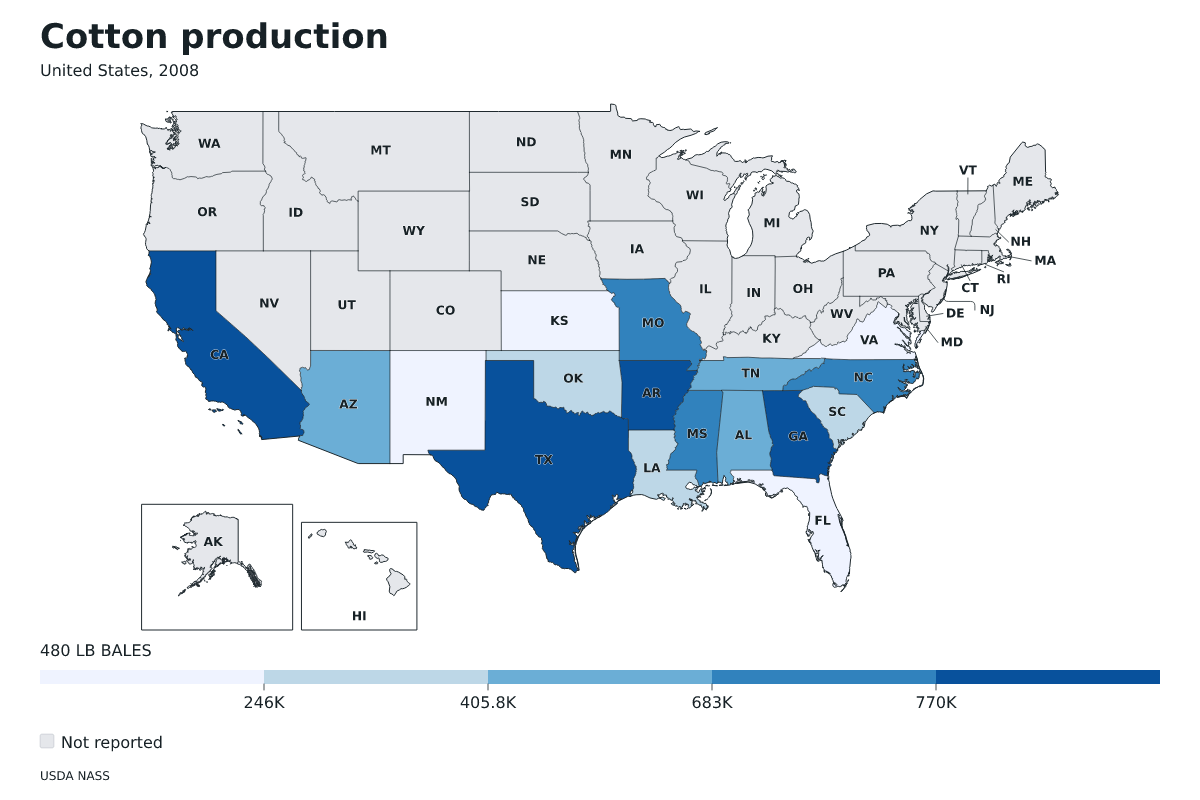 Producción de algodón por estado en Estados Unidos, 2008. Unidad: pacas (480 libras). Fuente: USDA National Agricultural Statistics Service (NASS).