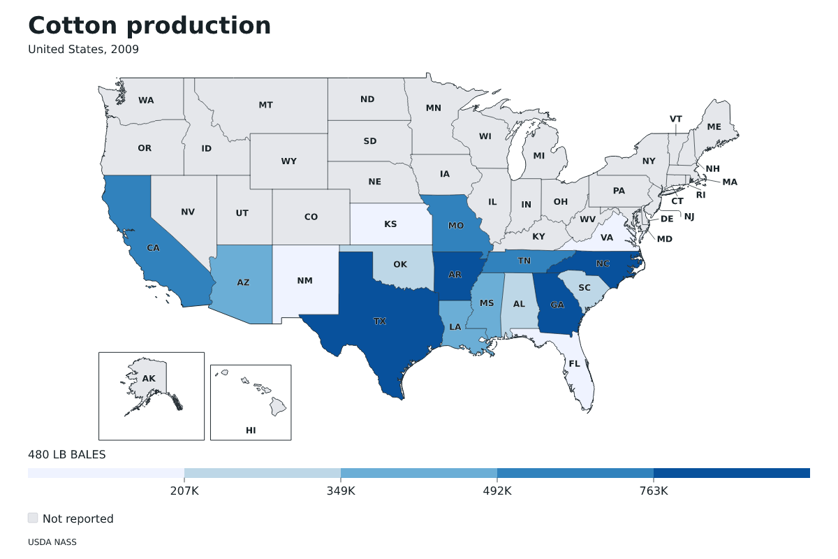 Producción de algodón por estado en Estados Unidos, 2009. Unidad: pacas (480 libras). Fuente: USDA National Agricultural Statistics Service (NASS).