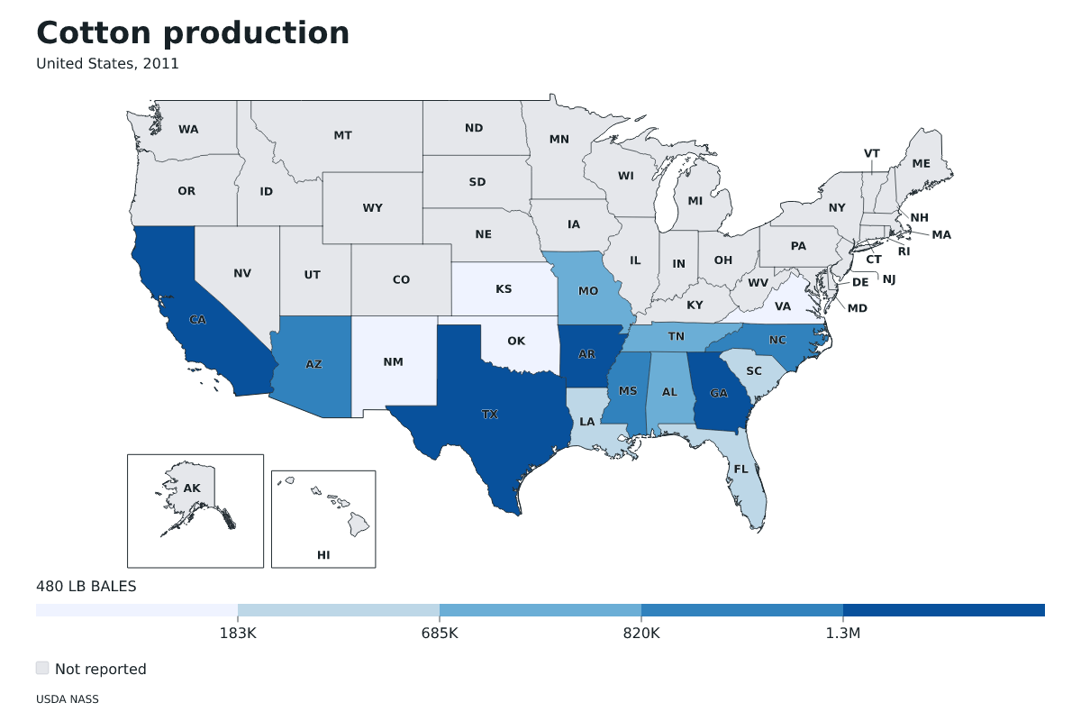 Producción de algodón por estado en Estados Unidos, 2011. Unidad: pacas (480 libras). Fuente: USDA National Agricultural Statistics Service (NASS).