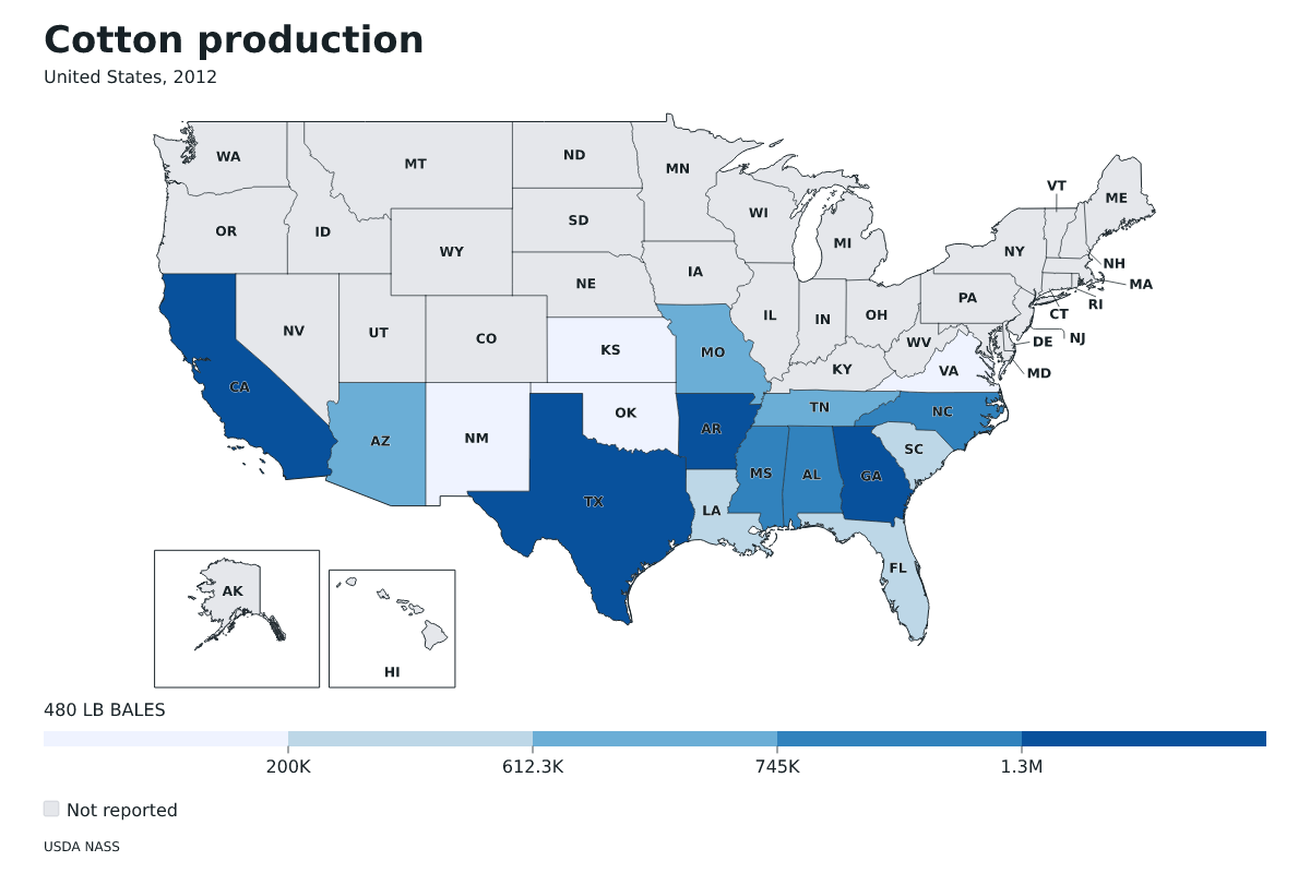 Producción de algodón por estado en Estados Unidos, 2012. Unidad: pacas (480 libras). Fuente: USDA National Agricultural Statistics Service (NASS).
