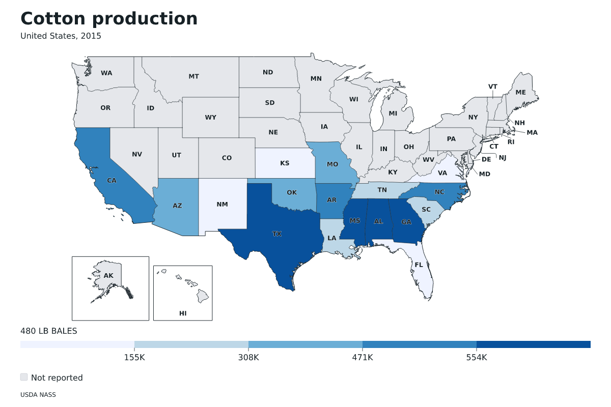 Producción de algodón por estado en Estados Unidos, 2015. Unidad: pacas (480 libras). Fuente: USDA National Agricultural Statistics Service (NASS).