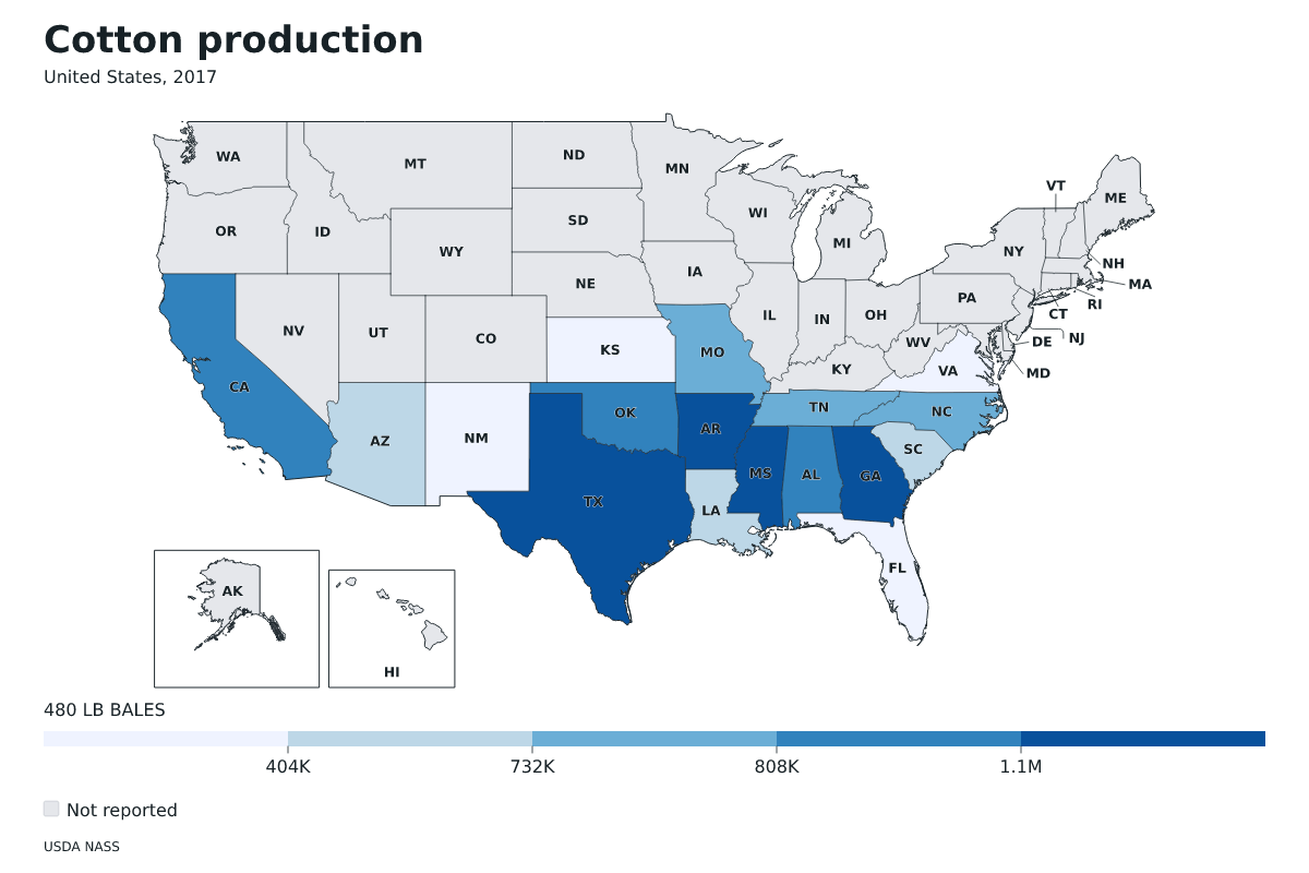 Producción de algodón por estado en Estados Unidos, 2017. Unidad: pacas (480 libras). Fuente: USDA National Agricultural Statistics Service (NASS).