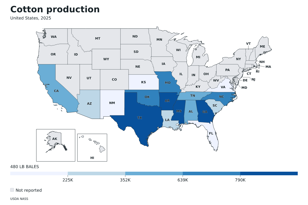 Producción de algodón por estado en Estados Unidos, 2025. Unidad: pacas (480 libras). Fuente: USDA National Agricultural Statistics Service (NASS).