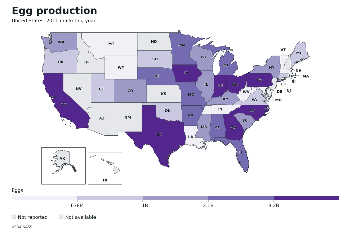 Producción de huevos por estado en Estados Unidos, Año comercial 2011. Unidad: huevos. Fuente: USDA National Agricultural Statistics Service (NASS).