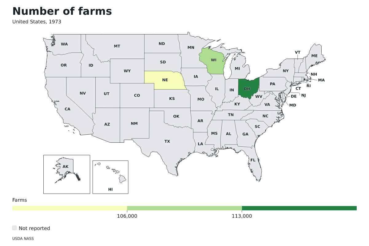 Número de explotaciones agrícolas por estado en Estados Unidos, 1973. Unidad: explotaciones agrícolas. Fuente: USDA National Agricultural Statistics Service (NASS).