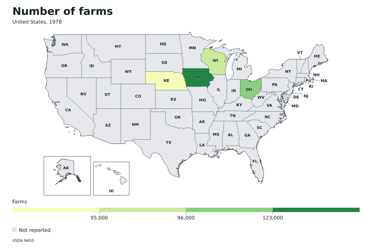 Número de explotaciones agrícolas por estado en Estados Unidos, 1978. Unidad: explotaciones agrícolas. Fuente: USDA National Agricultural Statistics Service (NASS).