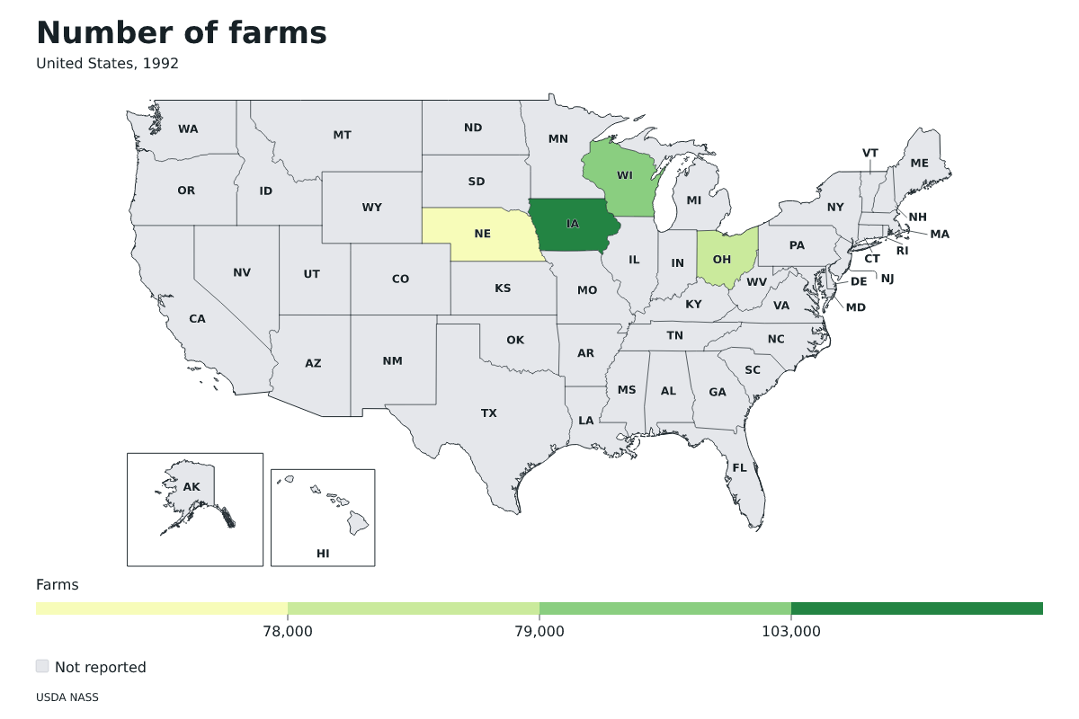Número de explotaciones agrícolas por estado en Estados Unidos, 1992. Unidad: explotaciones agrícolas. Fuente: USDA National Agricultural Statistics Service (NASS).