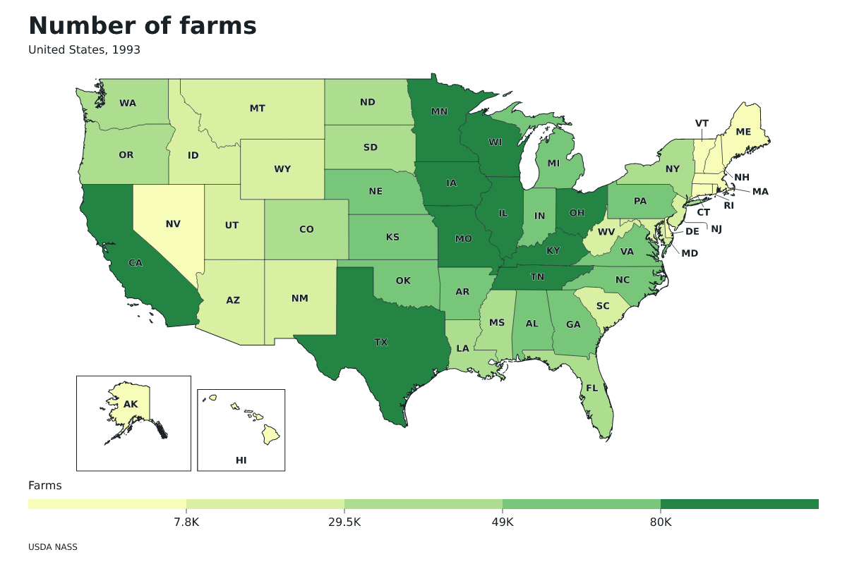 Número de explotaciones agrícolas por estado en Estados Unidos, 1993. Unidad: explotaciones agrícolas. Fuente: USDA National Agricultural Statistics Service (NASS).