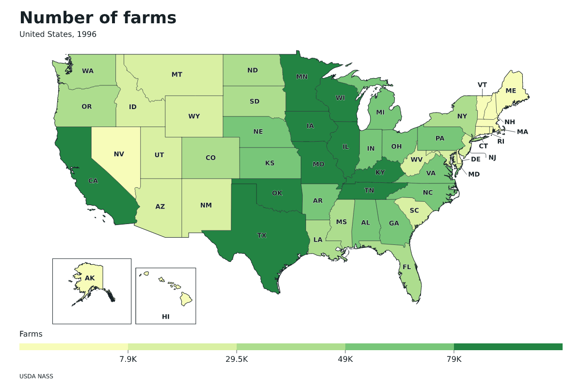 Número de explotaciones agrícolas por estado en Estados Unidos, 1996. Unidad: explotaciones agrícolas. Fuente: USDA National Agricultural Statistics Service (NASS).