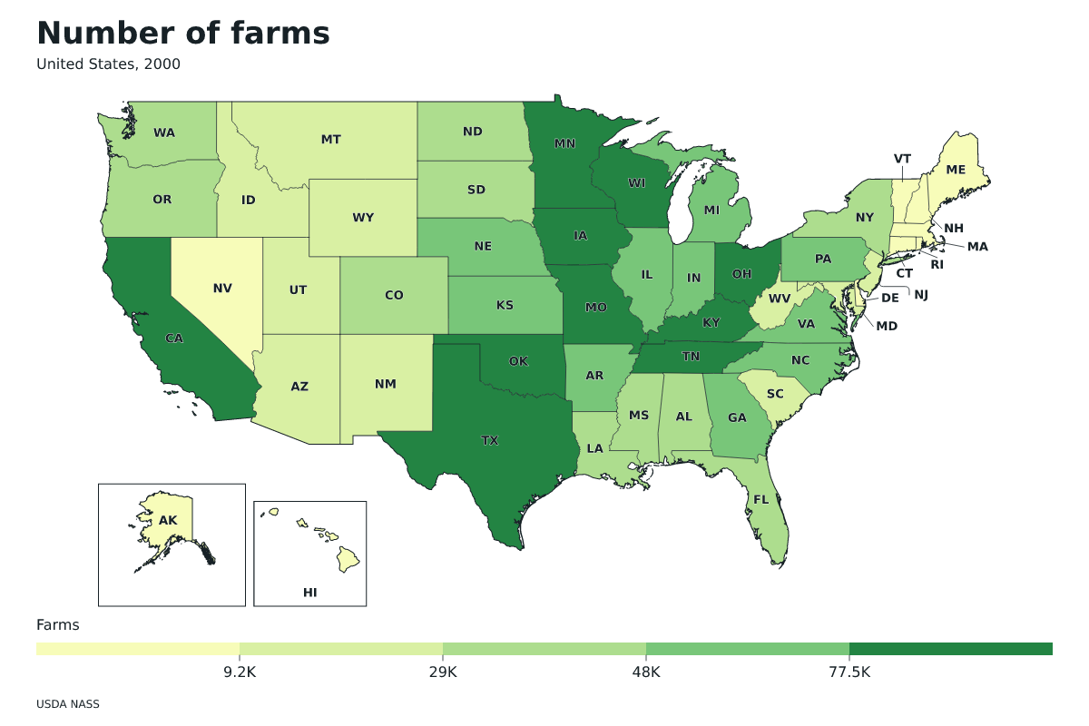 Número de explotaciones agrícolas por estado en Estados Unidos, 2000. Unidad: explotaciones agrícolas. Fuente: USDA National Agricultural Statistics Service (NASS).
