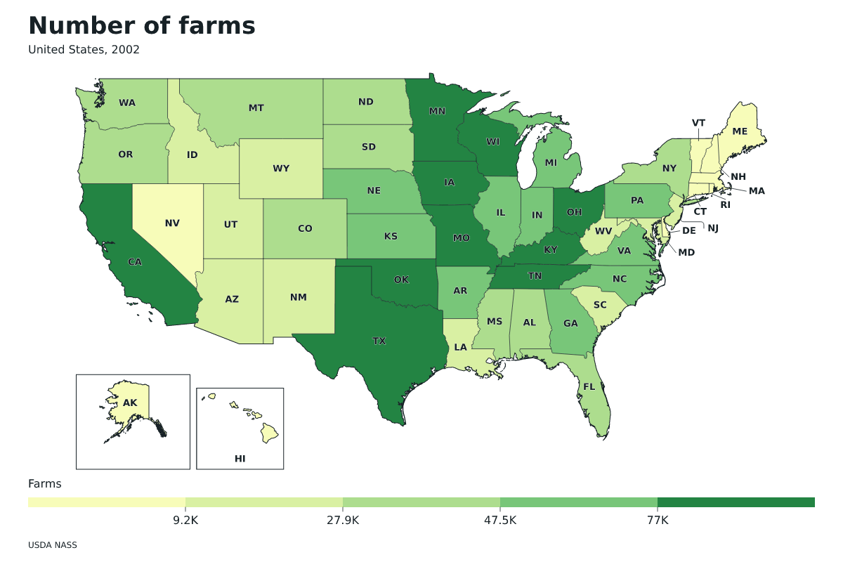 Número de explotaciones agrícolas por estado en Estados Unidos, 2002. Unidad: explotaciones agrícolas. Fuente: USDA National Agricultural Statistics Service (NASS).