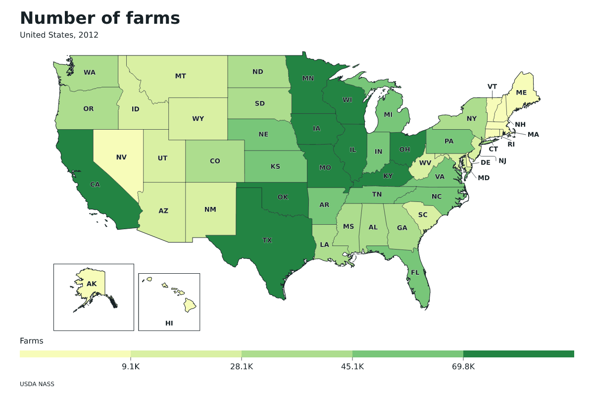 Número de explotaciones agrícolas por estado en Estados Unidos, 2012. Unidad: explotaciones agrícolas. Fuente: USDA National Agricultural Statistics Service (NASS).